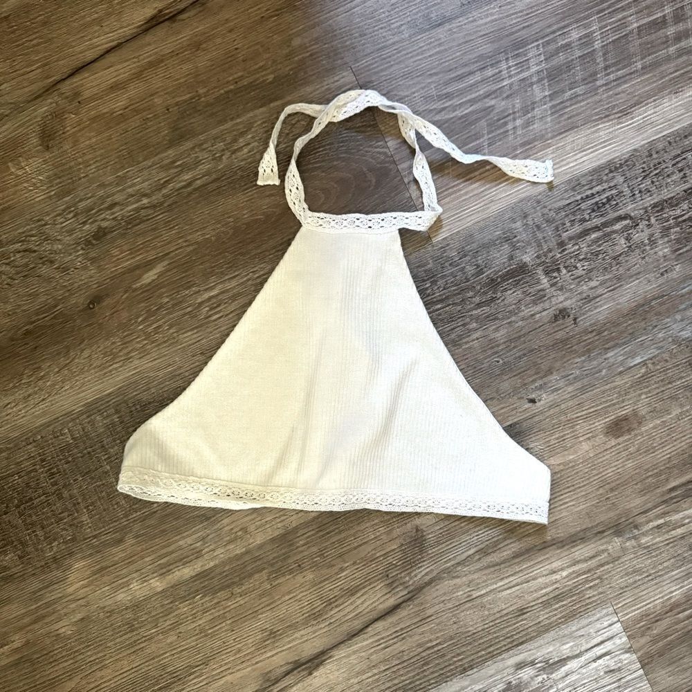 Honey Punch White Ribbed Boho Halter Top w/Lace Ties Size Small